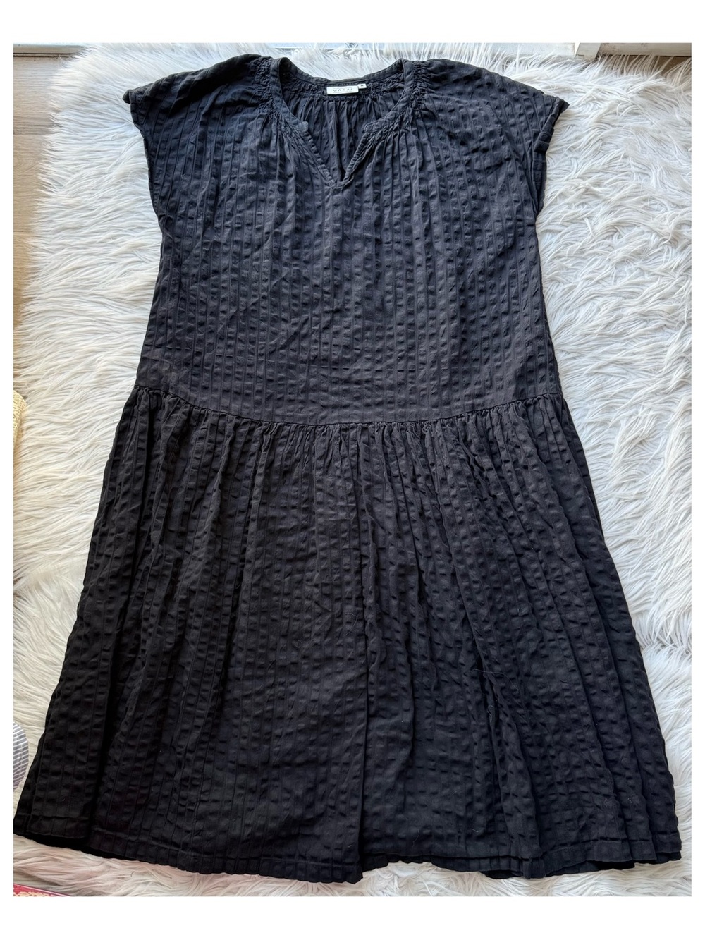 Masai Copenhagen Dress Womens M Black Cotton Textured Drop Waist Midi Lagenlook
